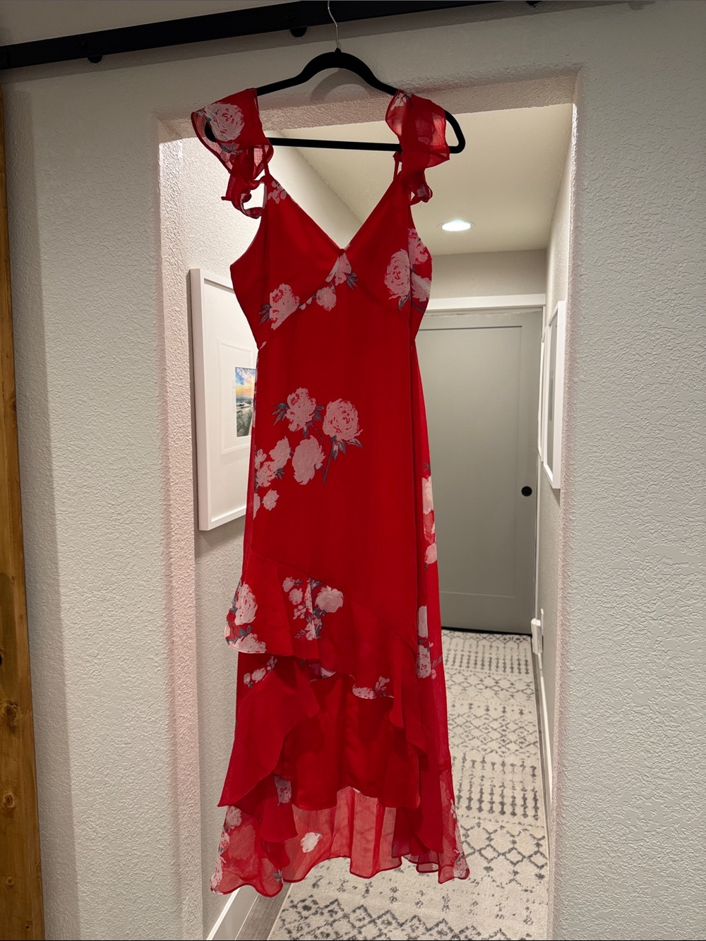 Lulu's Red Floral High-Low Ruffle Dress